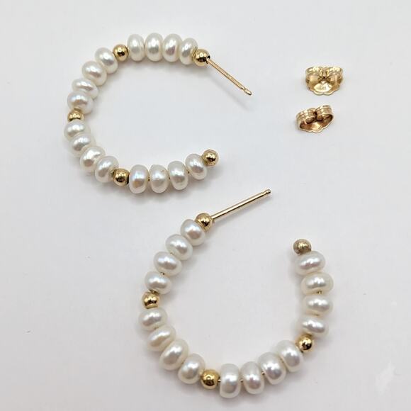 14k Yellow Gold Beaded Freshwater Pearls Open Hoop Pierced Earrings 28mm 4.5g - Picture 4 of 8